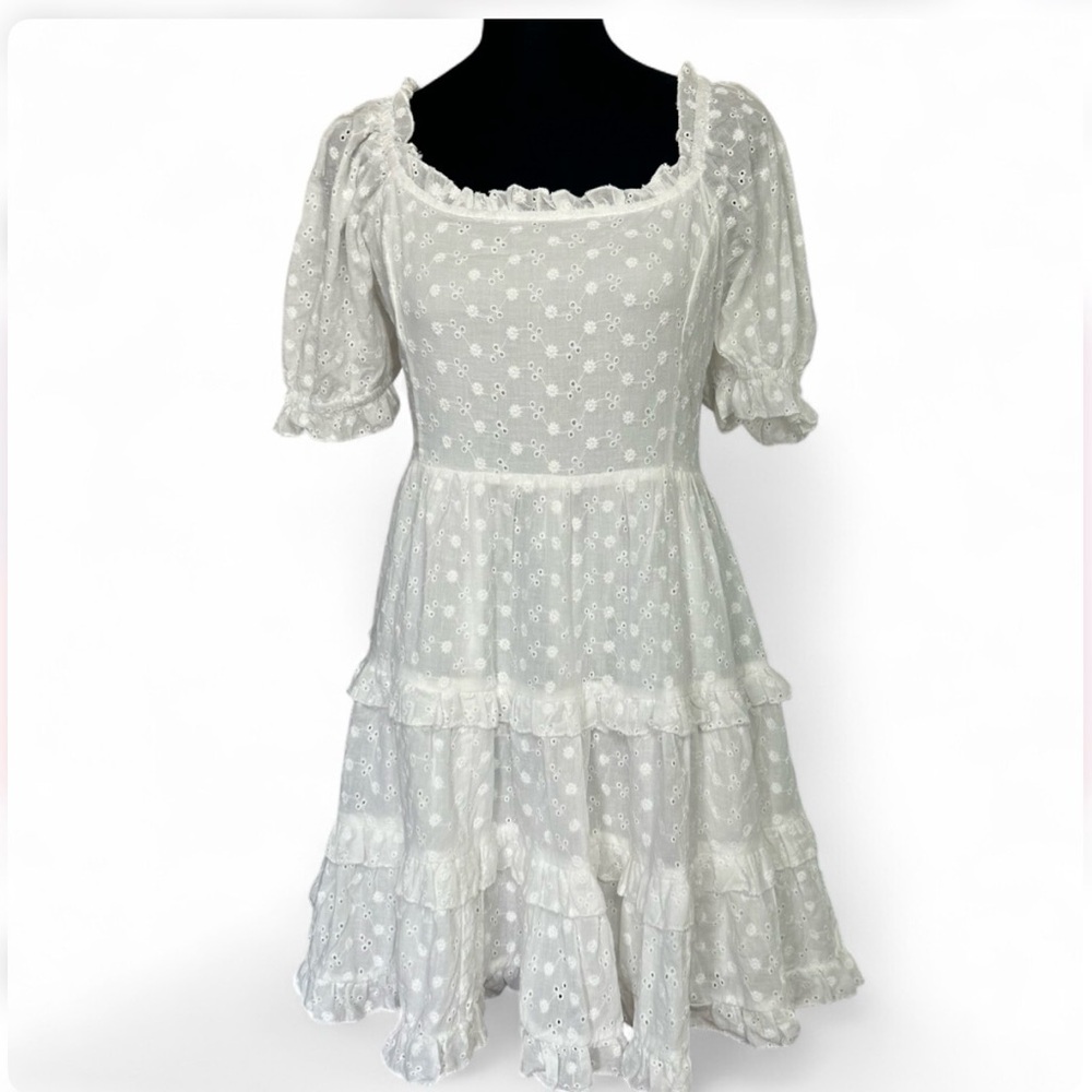 FOREVER 21 White Floral Mini Dress L Shot Sleeve Square Neck Side Zipper &Corset